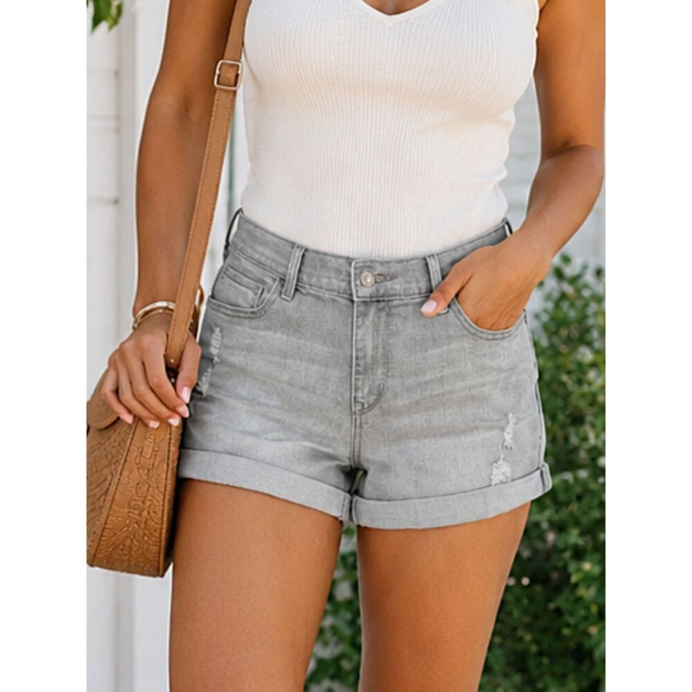 Old Navy Boyfriend Denim Shorts Size 8 Gray Distressed Cuffed Stretch Jean Midi